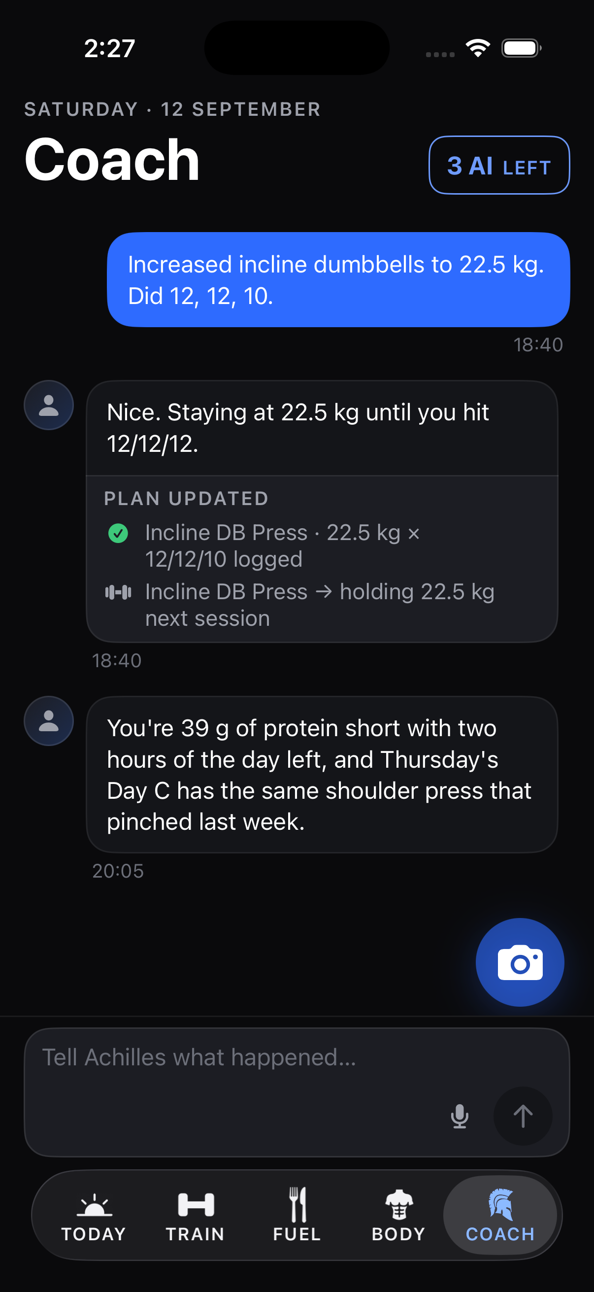 The Coach tab with a chat thread and the hold-to-talk mic