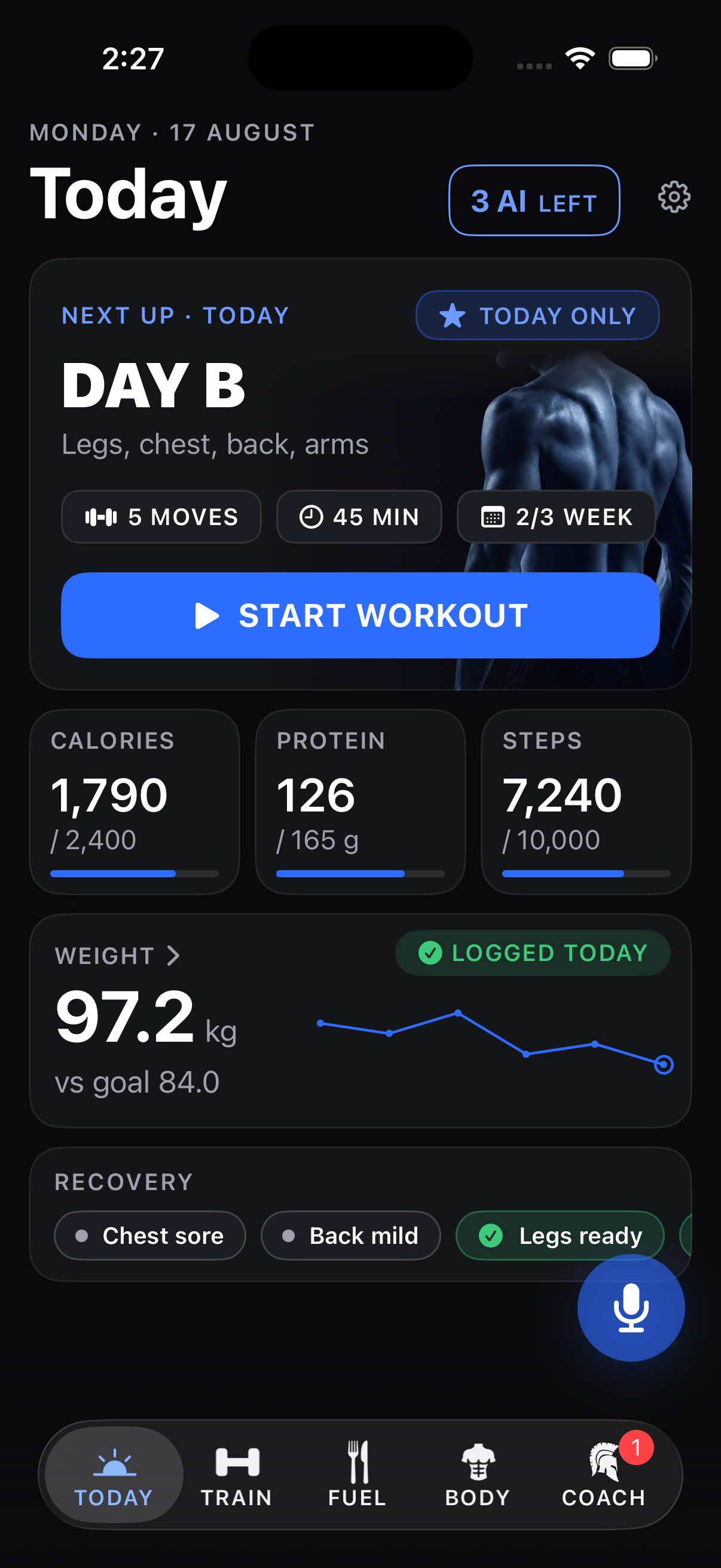 The GreekBody Today tab showing the next session, readiness and the day's targets