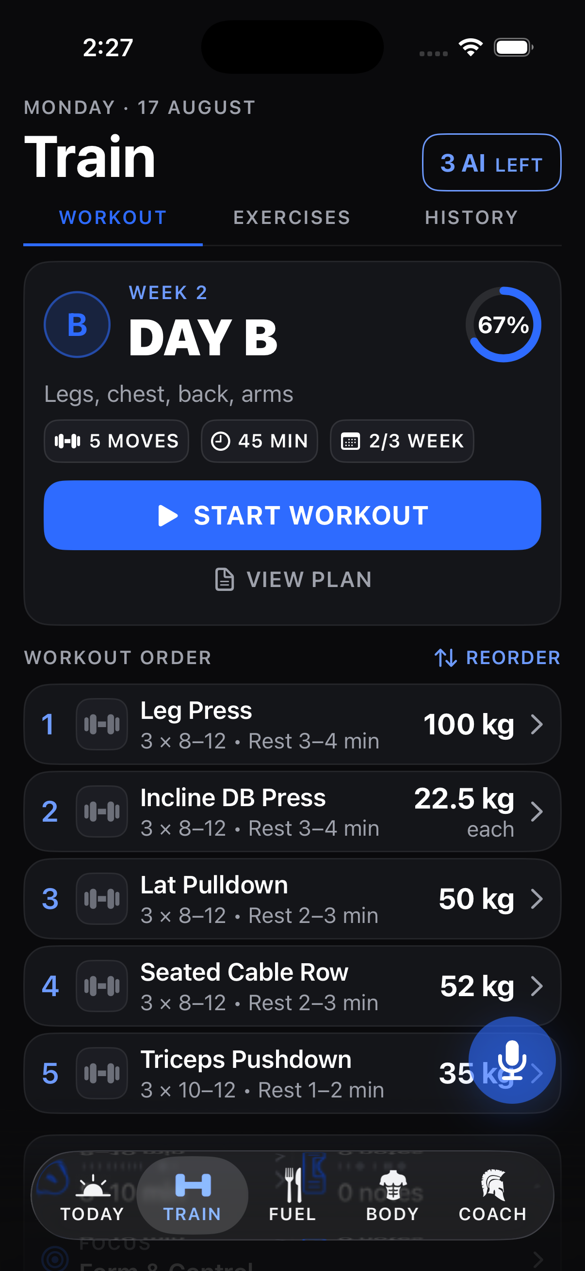 The Train tab showing the day, the movements and the working weights