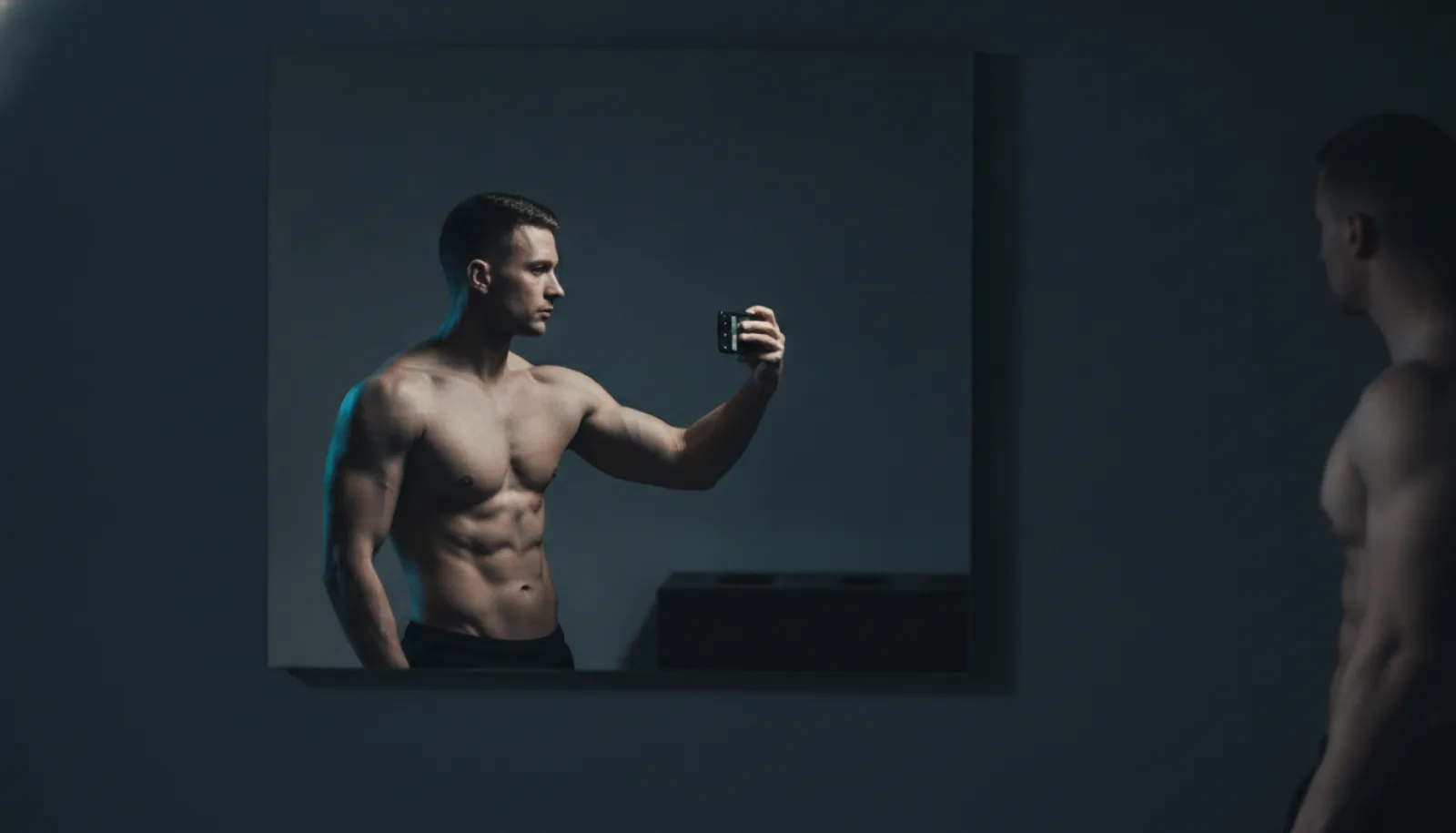 A man taking a mirror progress photo with his phone in a dim room