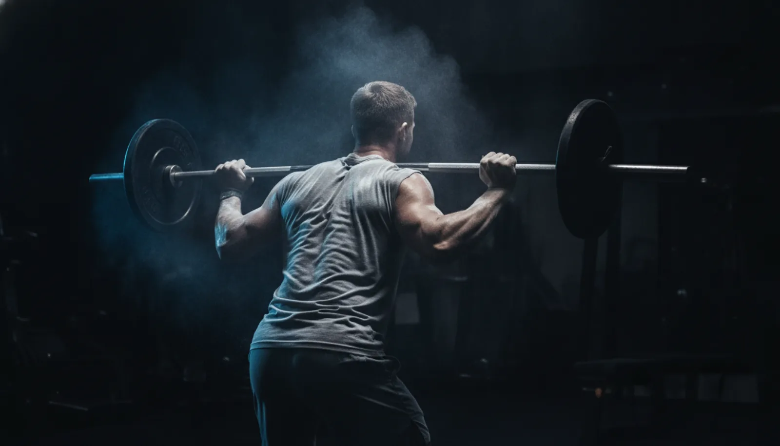 A man mid-rep on a barbell squat in a dark gym