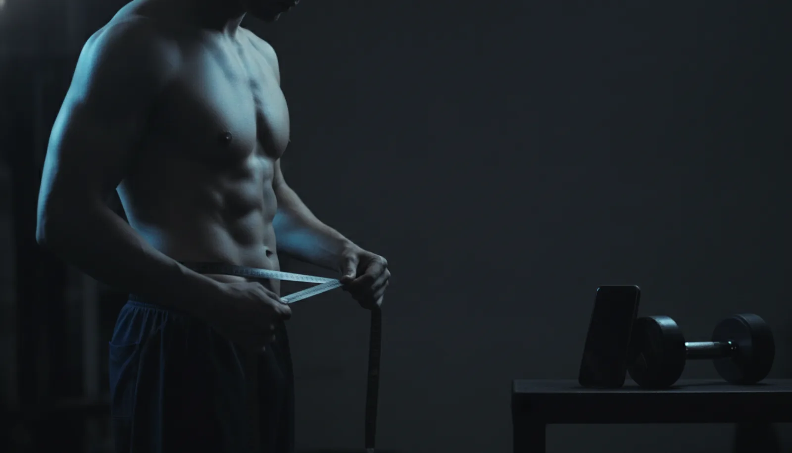 A man measuring his waist with a tape measure in a dim gym