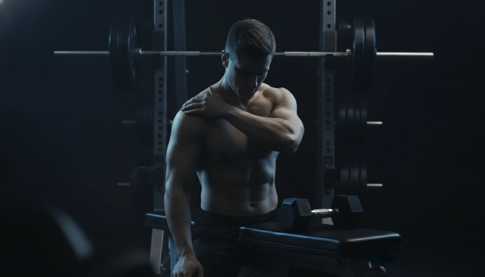 A man pausing a bench press to rest his hand on his shoulder, with dumbbells nearby