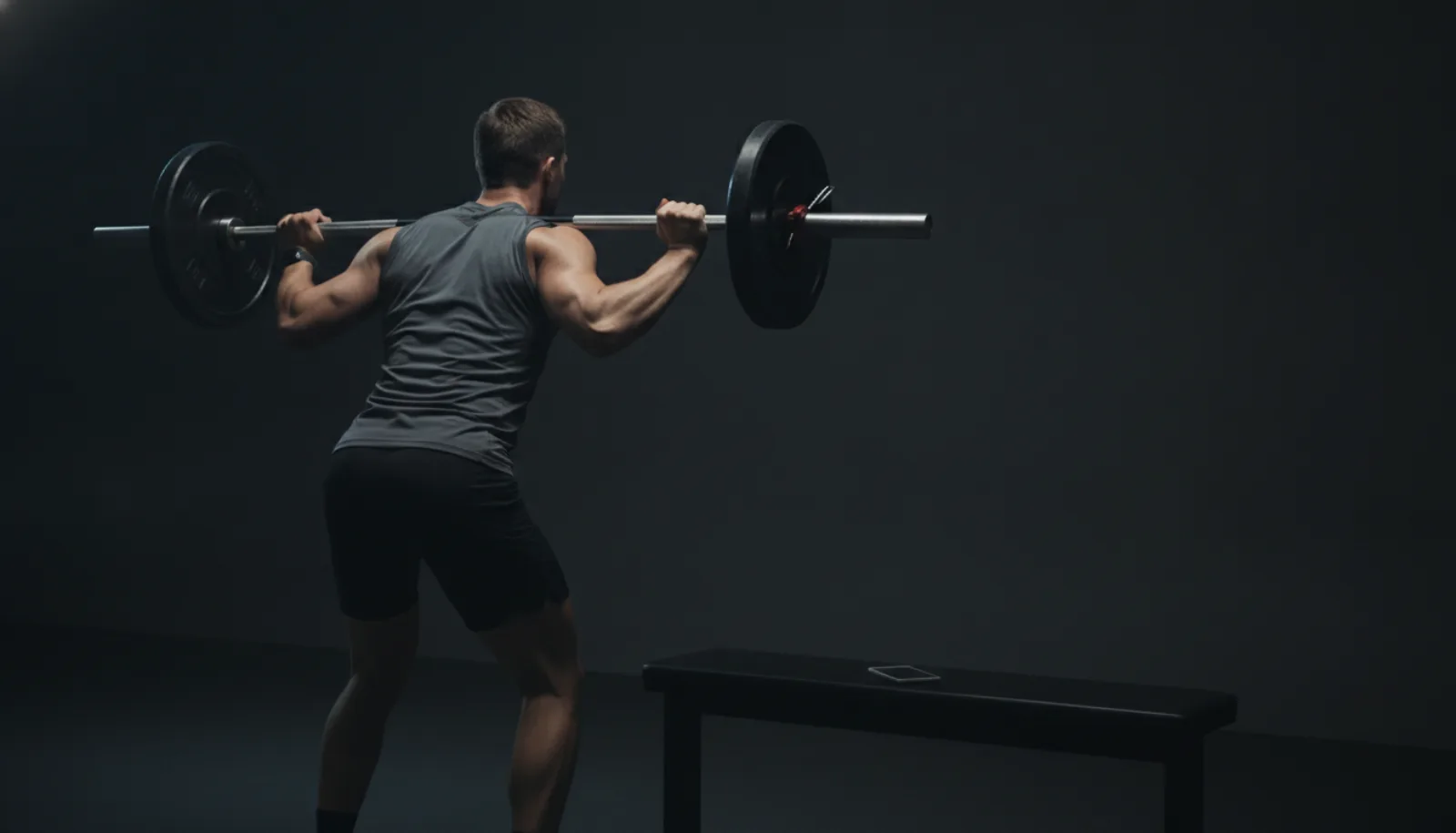 A man lifting a barbell in a dim gym, phone resting on the bench beside him