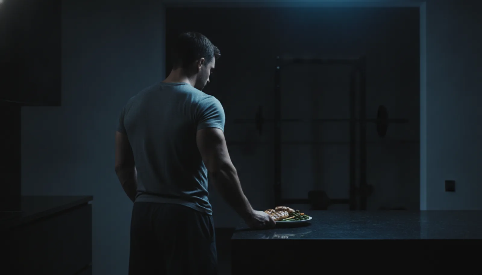 A man standing at a dim kitchen counter with a plate of chicken and vegetables, a gym rack visible behind him