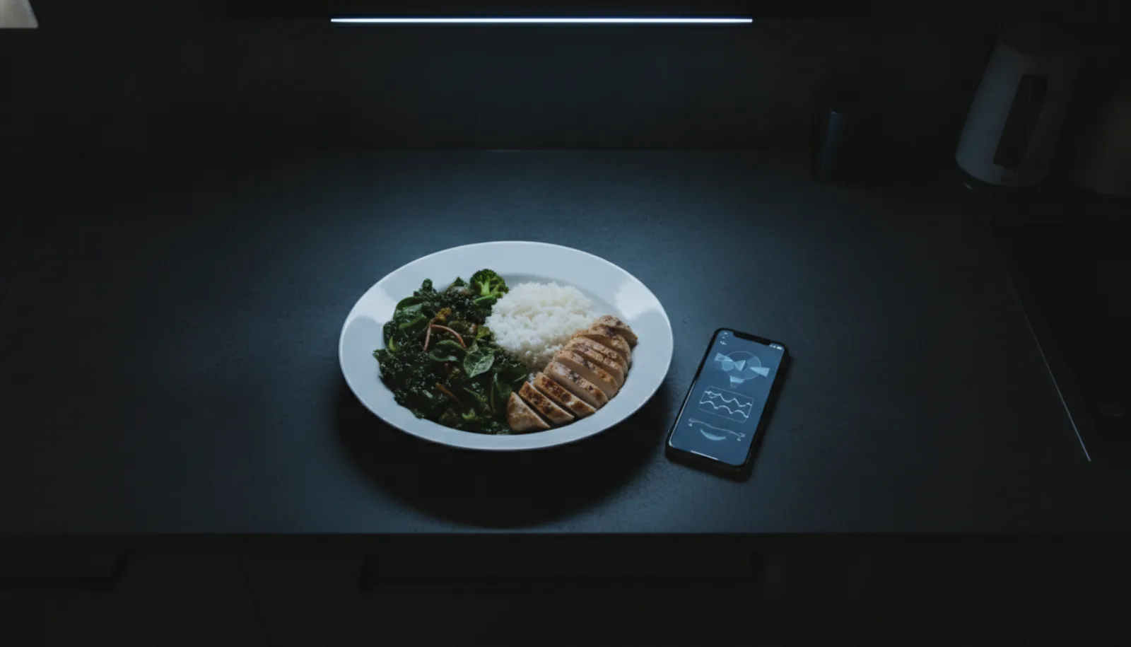 A plated meal on a dark counter with a phone lying beside it