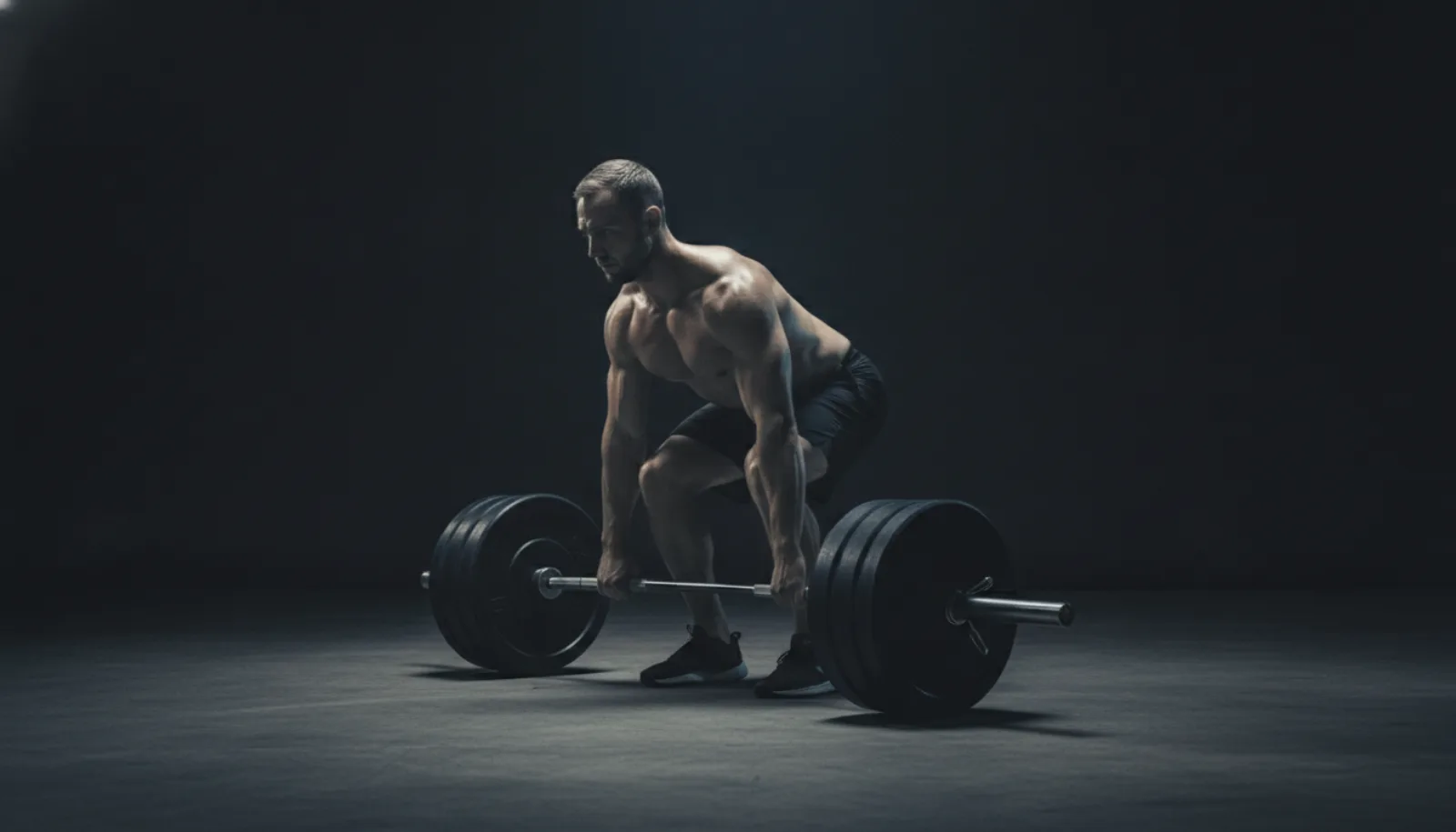 A man in a dim gym setting down a barbell after a heavy set