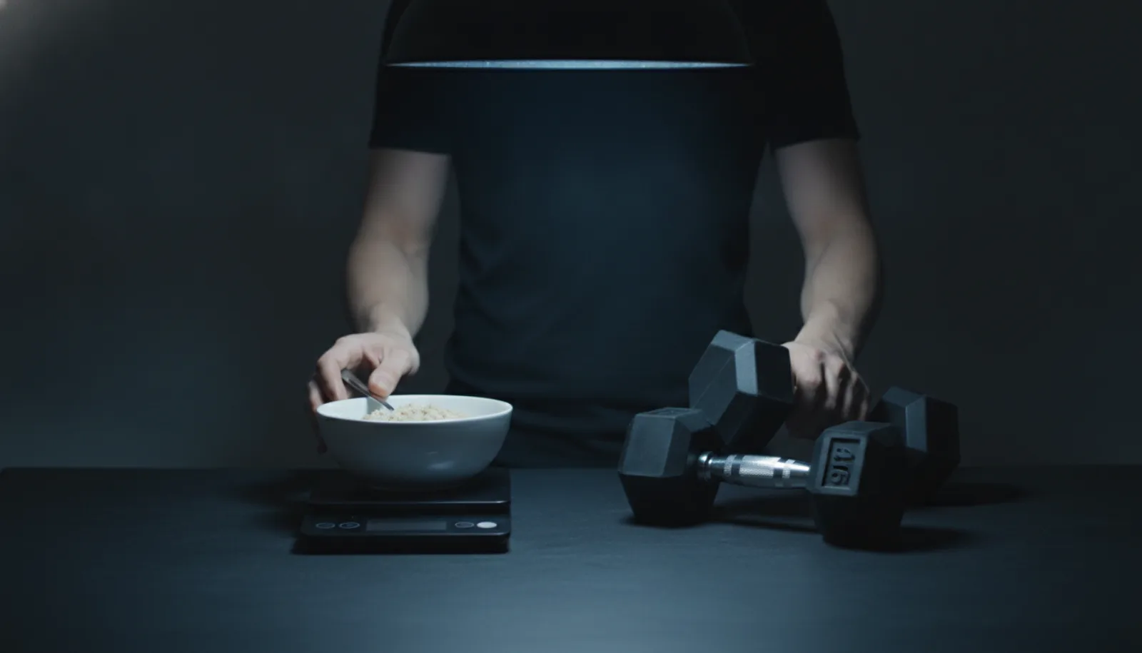 A food scale with a bowl of oats beside a pair of dumbbells