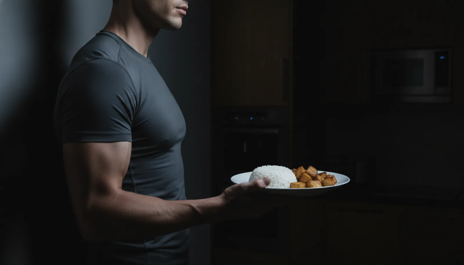 A man in a dim kitchen holding a plate of rice and potatoes
