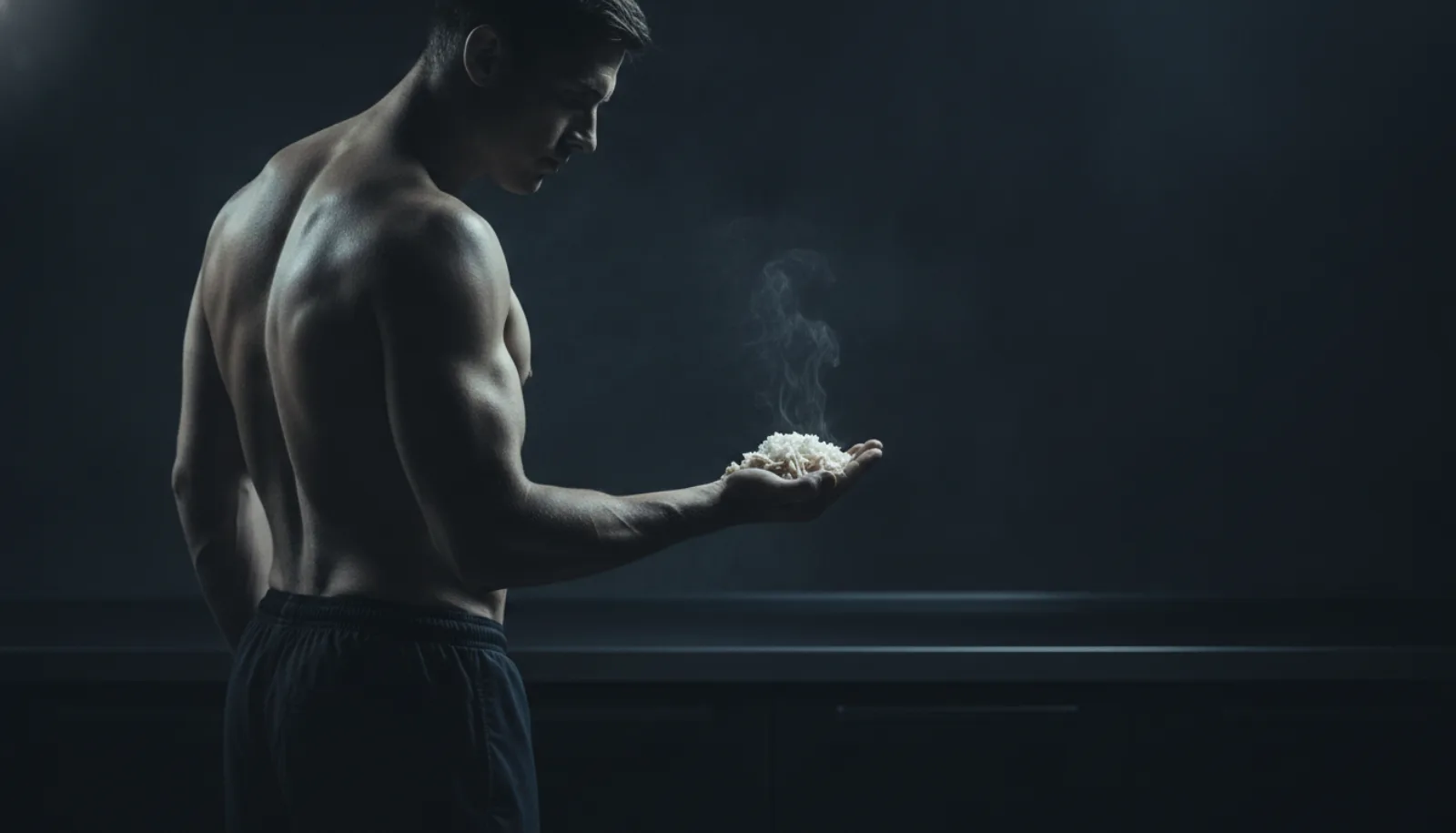 A man judging a food portion with his hand in a dark kitchen, no scale in sight