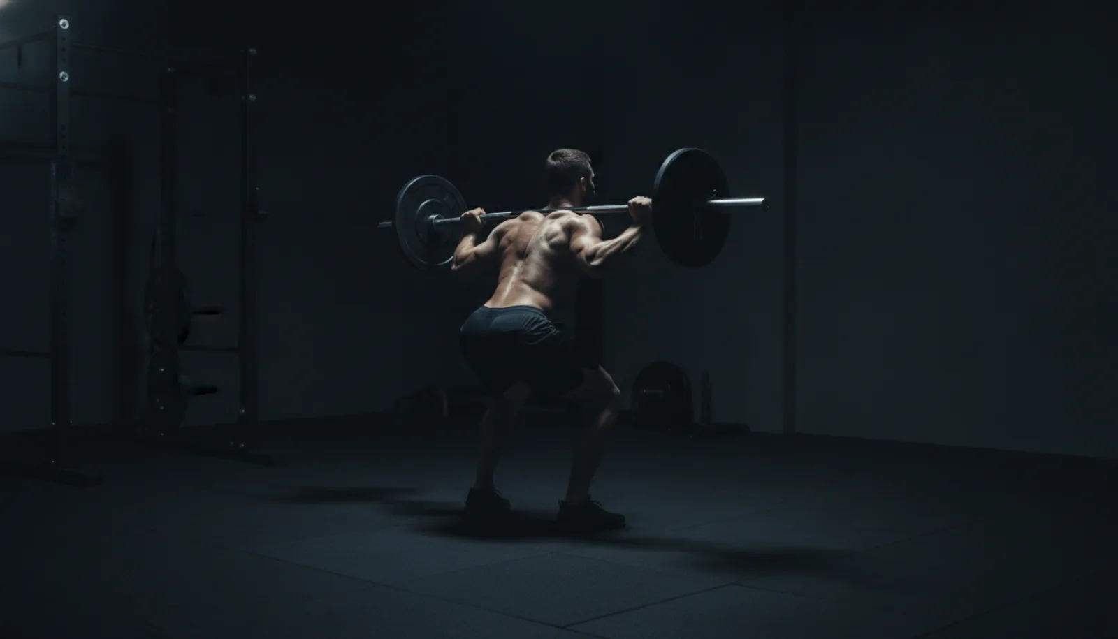 A man performing a barbell back squat under dim, blue-accented gym lighting