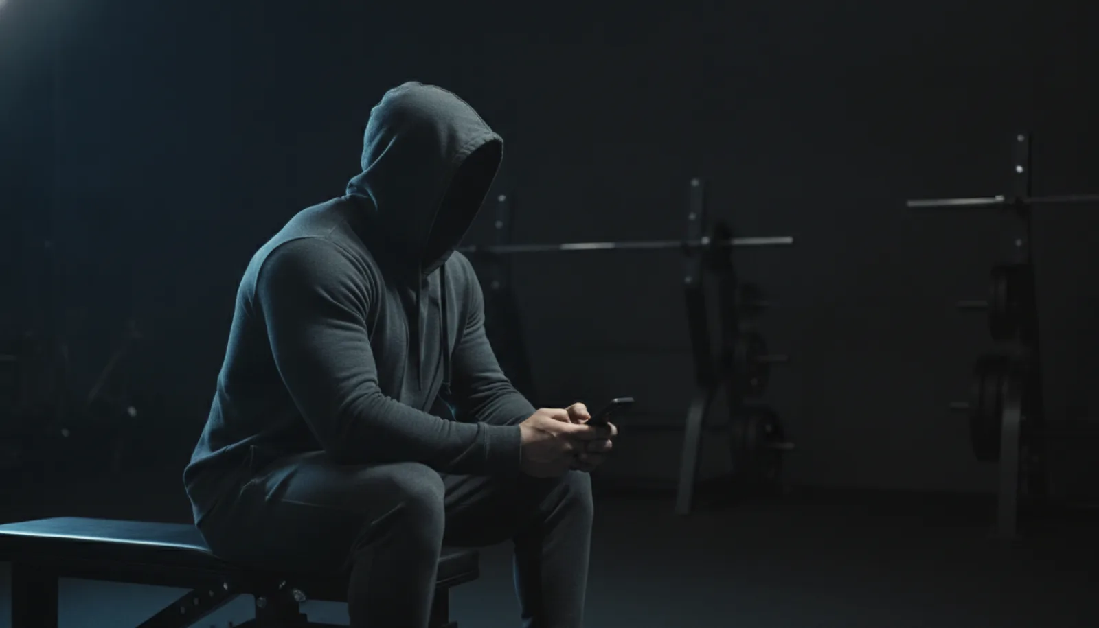 A man seated on a gym bench with a phone, looking toward a barbell rack