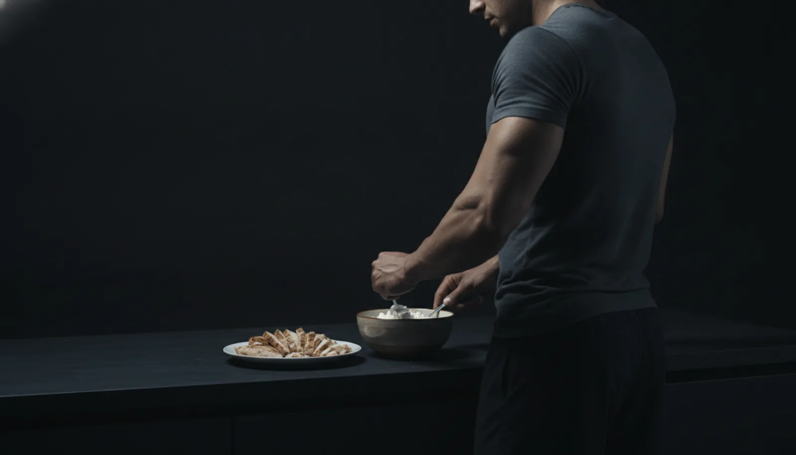 A man in a dark kitchen at night with a bowl of cottage cheese and sliced grilled chicken