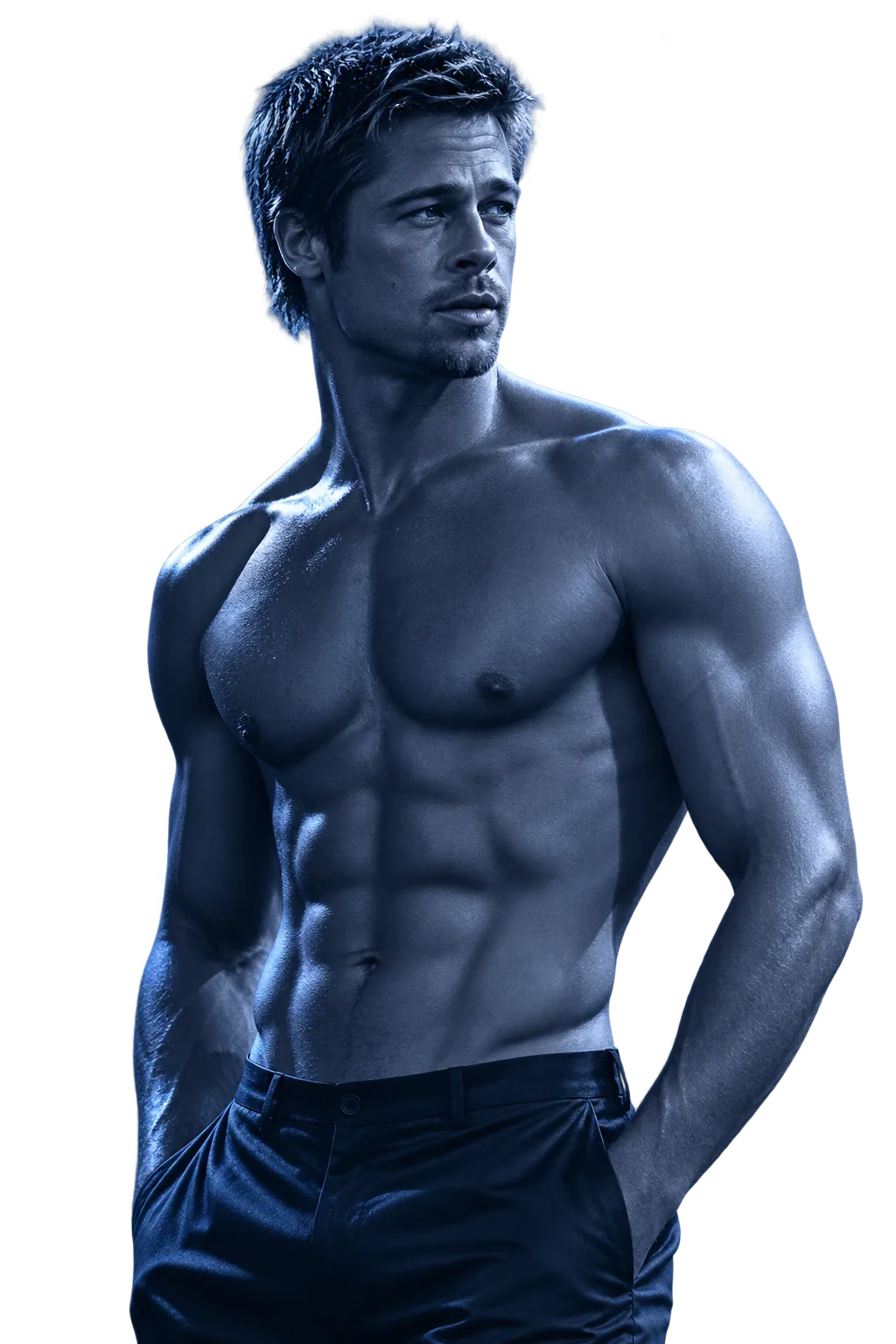 A lean, muscular man lit in blue, looking away